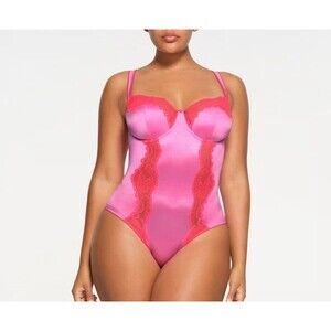 SKIMS stretch satin lace balconette brief Neon Orchid multi